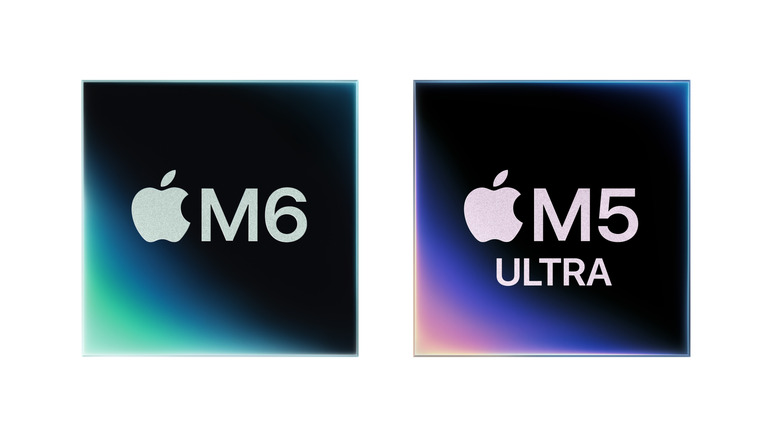 Apple's new M6 and M5 Ultra chips are shown in graphic form.