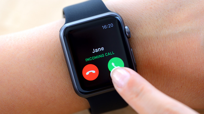 A close-up of Apple Watch with an incoming call.