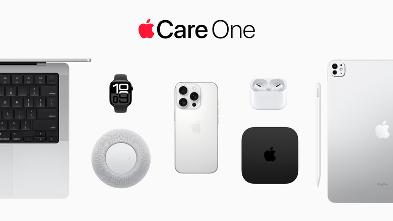 AppleCare One graphic showing multiple devices include iPhone, Watch, AirPods, AppleTV, iPad and MacBook Air
