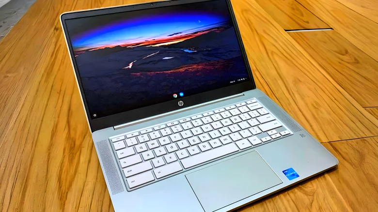 An HP Chromebook sitting on a desk.