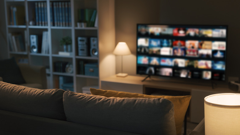 Living room with a TV displaying a streaming interface, viewed from behind a sofa.