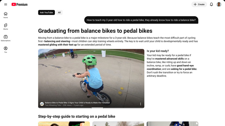 Ask YouTube search results focusing on teaching a child how to ride a bike