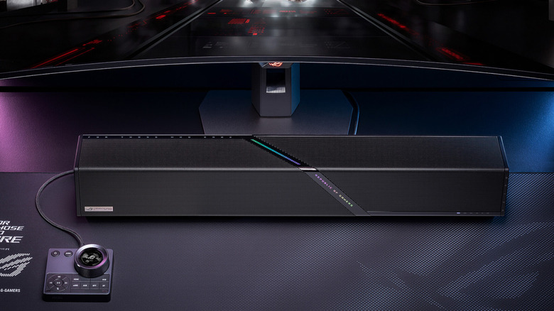 A computer with a soundbar
