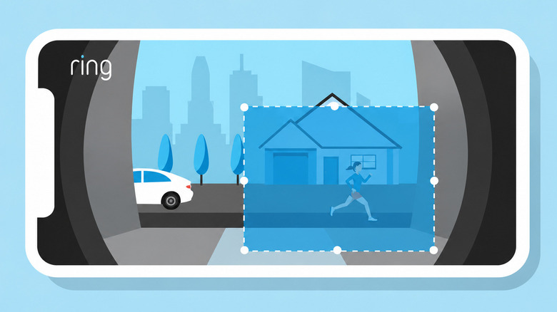 Ring illustration showing an adjustable Motion Zone over a camera view of a house and walkway.