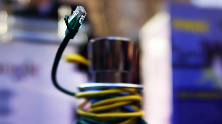 Prominent, close-up picture of the connector on an Ethernet cable with a blurred background.