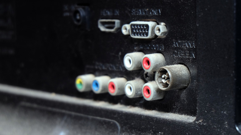 Various connections on the back of a TV.