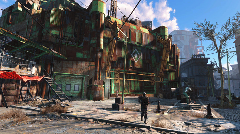 Still from Fallout 4 showing a defender operating successful beforehand of nan scrappy, rusted destruction of Diamond City