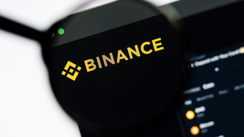 Binance logo is shown under a magnifying glass from computer screen