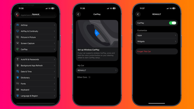 Three iPhone screens showing the steps to open CarPlay settings, select a vehicle and manage that car's CarPlay connection.