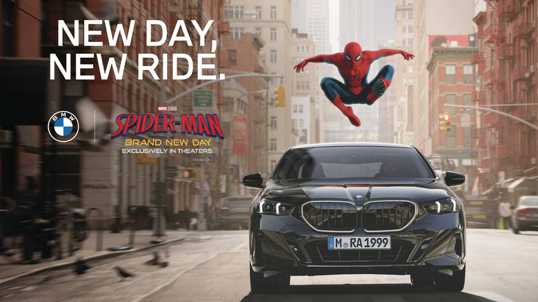 Spider-Man floats above a BMW.