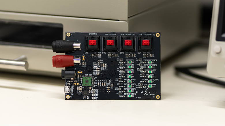 The Zeus test chip, pictured stood up on its side.