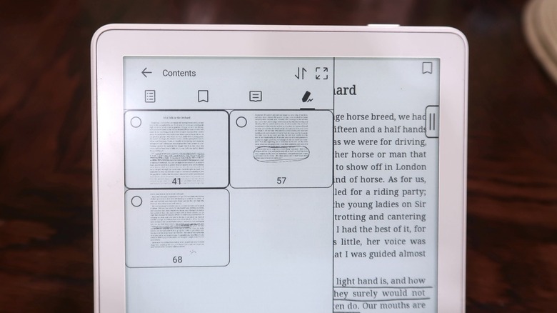 A close-up of the Boox Go 6 (Gen II) showing the Contents menu of a book, where a list of pages that have been marked up with the stylus is organized.