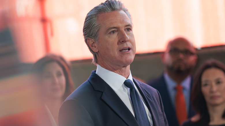 Photo of California Governor Gavin Newsom giving a speech.