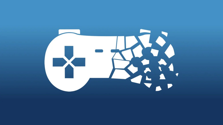 A white disintegrating game controller over a blue background.