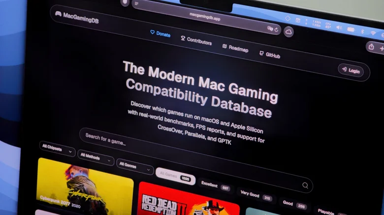 The MacGamingDB homepage showing Mac-compatible games.