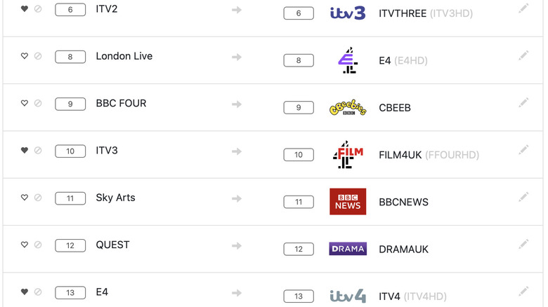 A Freesat channel list showing ITV, BBC, Channel 4 and other UK television channels.