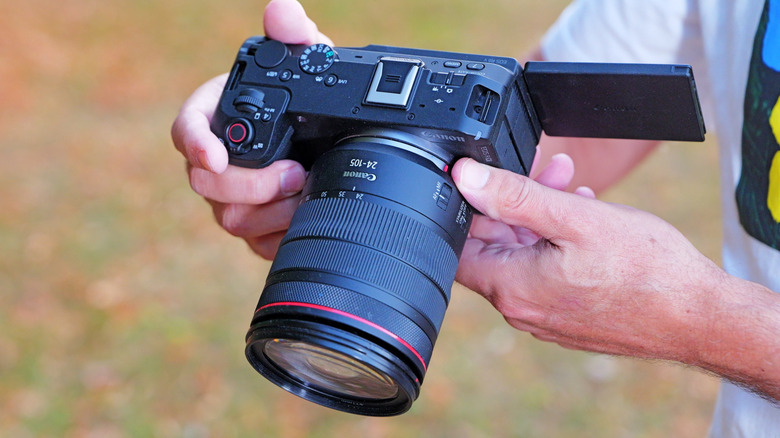 The Canon EOS R6 V camera is shown from the top at a three quarter angle