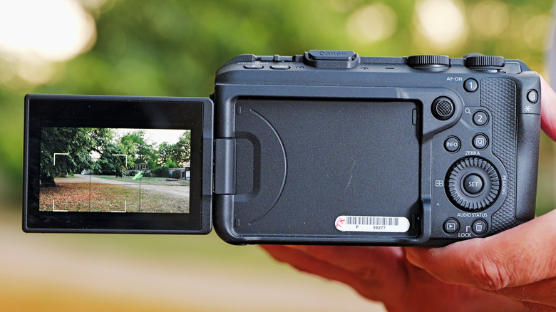 Canon EOS R6 V shown from the back with the screen extended