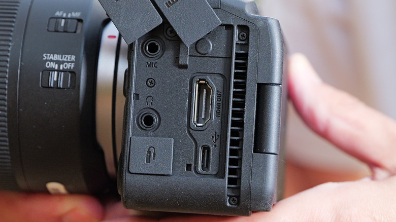 Canon EOS R6 V ports are shown including full-sized HDMI, USB-C, microphone and headphone ports
