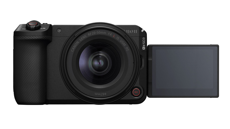 Image of Canon's new R6 V vlogging camera with display flipped open