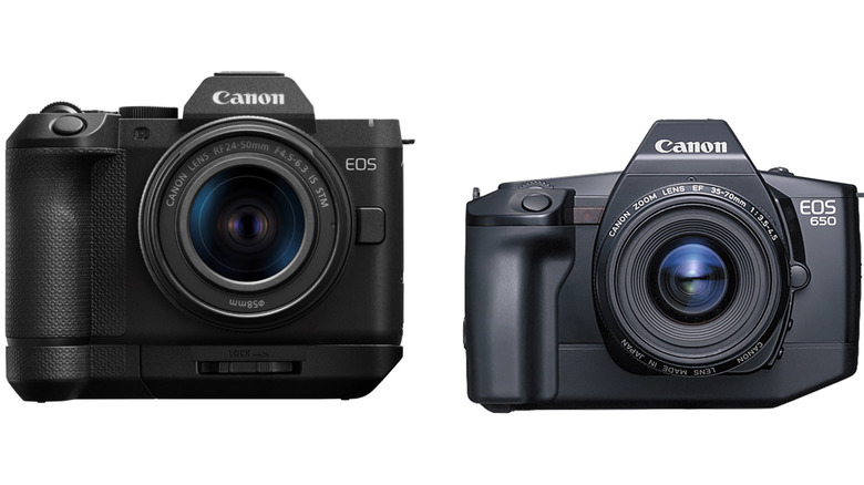 Canon's new EOS R8 II shown beside the classic EOS 650 SLR