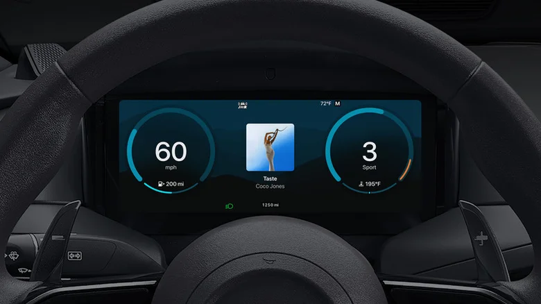 A mockup of CarPlay Ultra running on the instrument cluster inside an Aston Martin car.