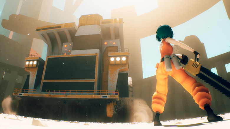 A human figure holds a chainsaw while facing a large construction machine in Motorslice