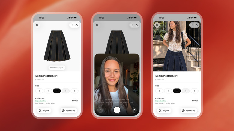 Three screenshots of the new Virtual Try On feature in ChatGPT, showing a product listing, the selfie feature and a generated image.