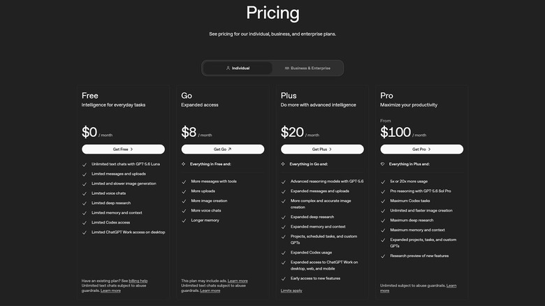 A screenshot showing OpenAI's consumer pricing plans.