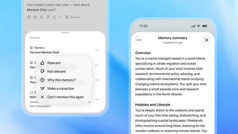 A screenshot of the ChatGPT mobile app showing the new Memory summary and sources features.