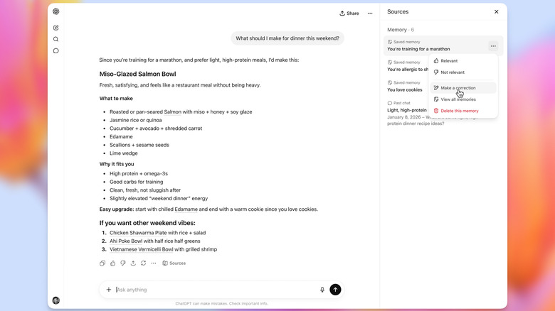 A screenshot of ChatGPT's new memory feature, which allows users to edit the information the chatbot knows about them.