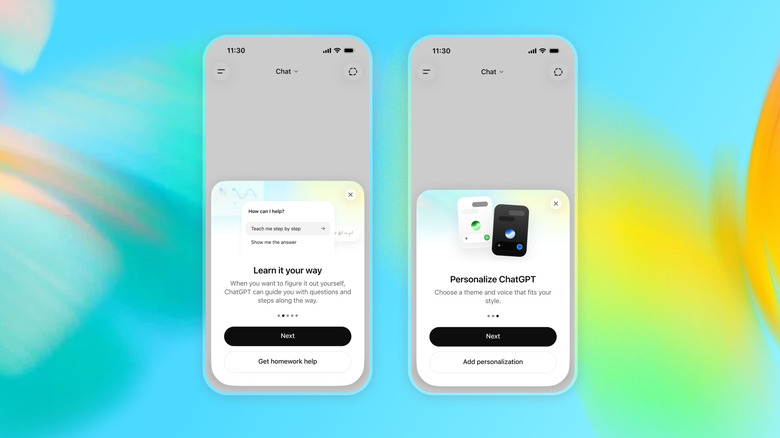 A pair of screenshots showing the onboarding experience for ChatGPT for Teens.