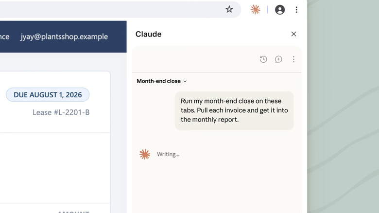 Screenshot showing the Claude in Chrome side panel with a user command to run a task on open tabs.