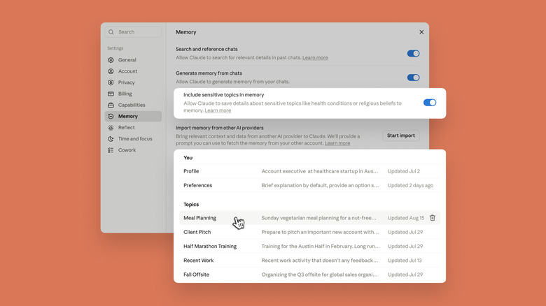A screenshot of Claude's Memory menu, showing the new sensitive topics toggle.