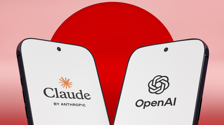 Two phones side by side, one with the Claude logo, and the other with the OpenAI logo.