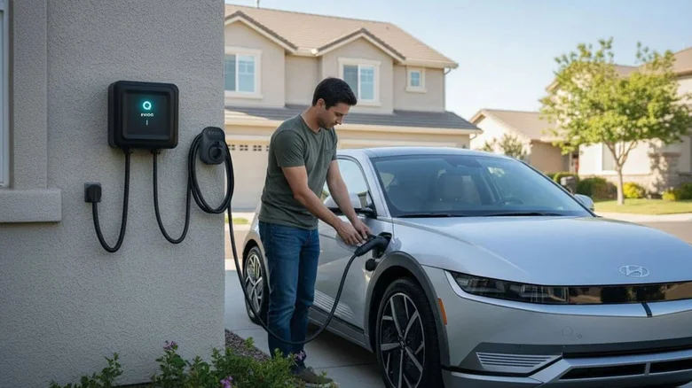 Eviqo's Level 2 charger on the outside of a house with a Kia EV