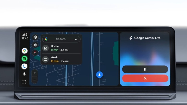 Android Auto on car display, featuring Maps and a Google Gemini prompt on the split screen