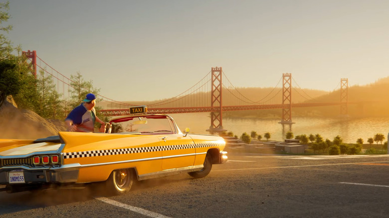 A yellow taxi is in the foreground, with the Golden Gate Bridge in the distance.