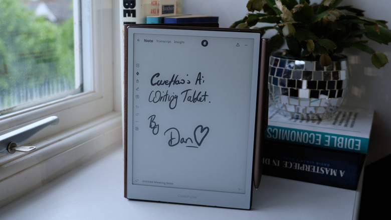 Image of a Cuneflow tablet propped up on a window sill.