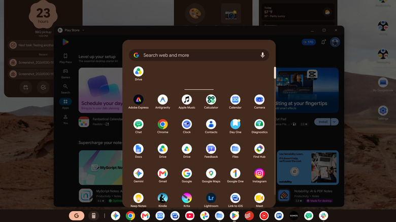 The Googlebook OS app launcher with the Google Play Store in the background.