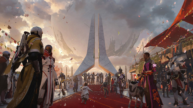 Still from Destiny 2's final content update. Various players stand around in a festive ceremony.