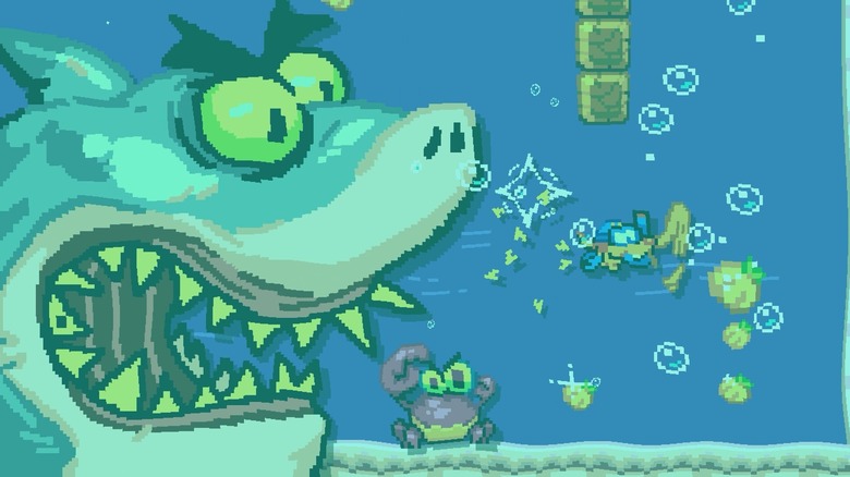 A large shark chases a smaller character in an underwater video game setting.