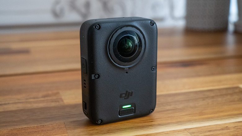 DJI's Osmo 360 II panoramic camera is shown from the back.