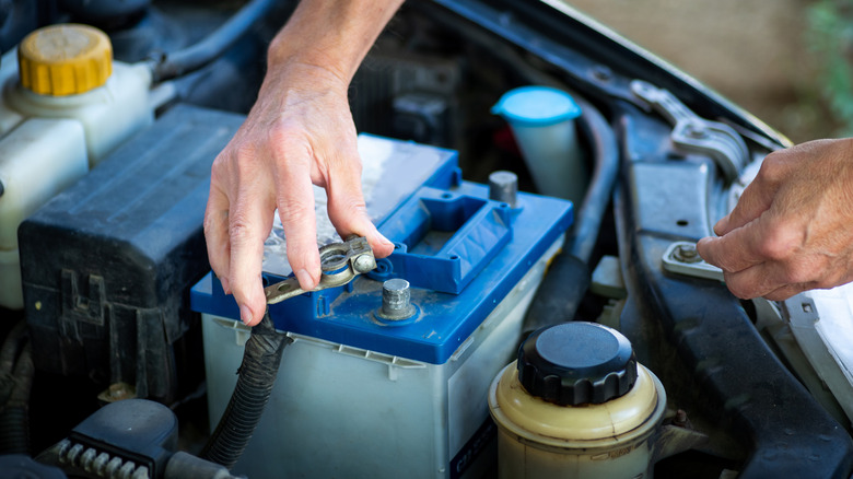 A close-up of a car battery