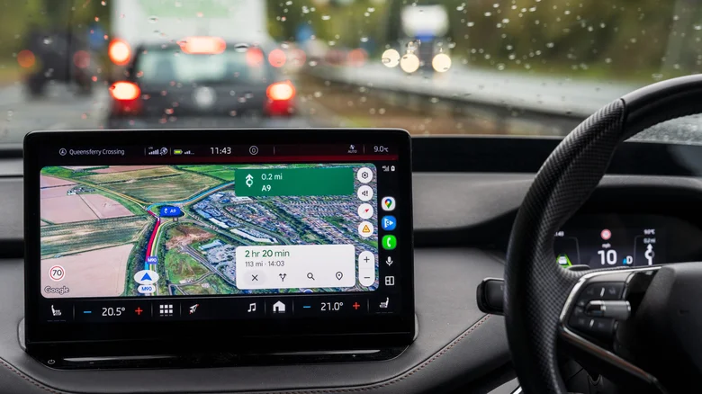 Google Map directions, shown via Android Auto on a built-in car display.