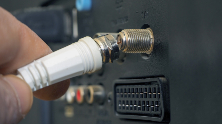 A coaxial cable for a TV antenna being connected to a TV.