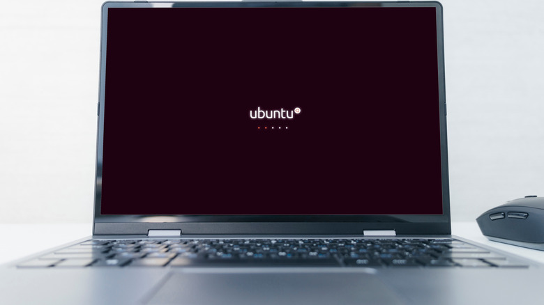 Laptop showing the Ubuntu Linux logo.