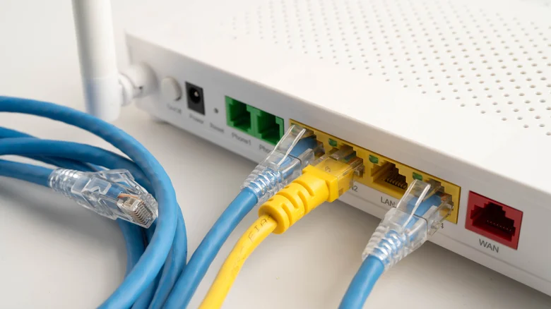 Ethernet cables plugged into the back of a router.