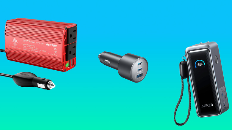 Three chargers: a power inverter, a 12V USB-C, and a laptop power bank.