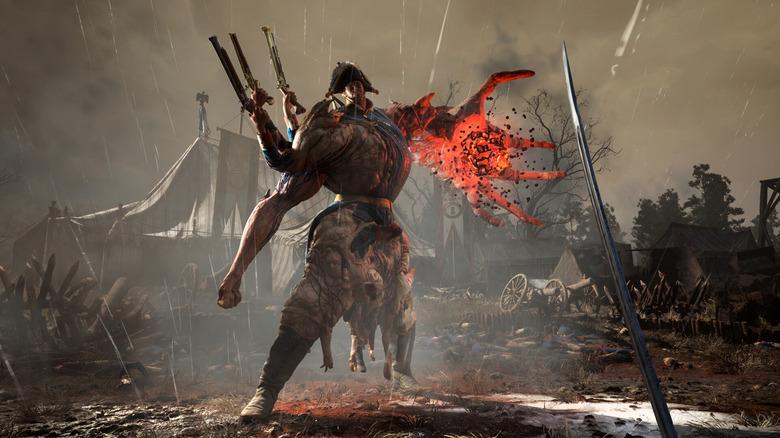 Video game screenshot of a monstrous creature with a giant, flaming hand.
